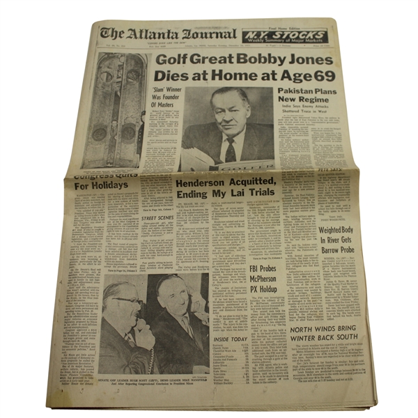 Decemer 18, 1971 The Atlanta Journal Bobby Jones Death Headline Newspaper