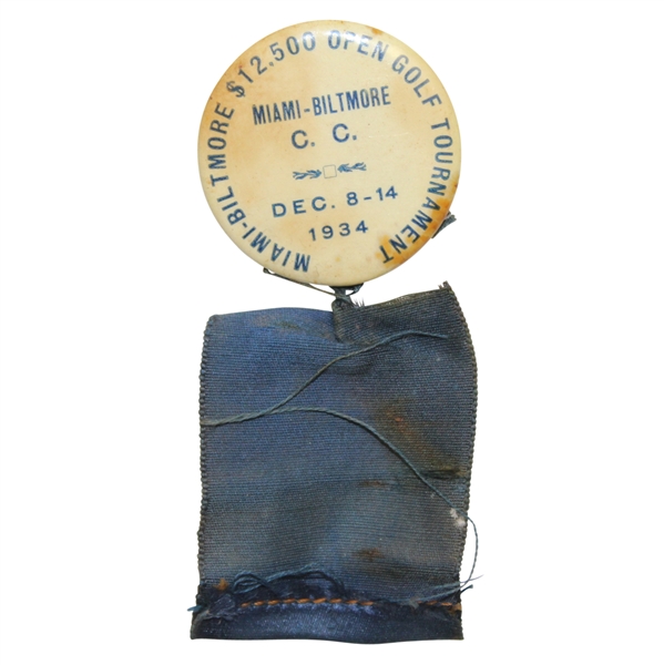 1934 Miami-Biltmore Country Club $12.5k Open Tournament Badge & Ribbon