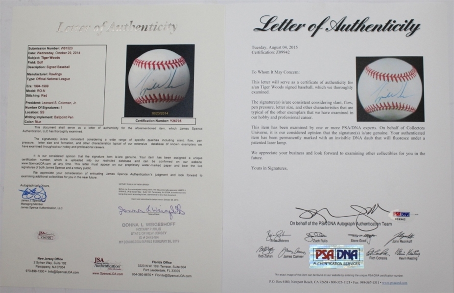 Tiger Woods Signed Official NL Baseball - Dual Cert - JSA #Y26705 & PSA/DNA #Z09942