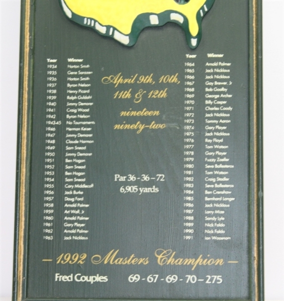 1992 Augusta National Masters Tibute to Fred Couples Wood Plaque
