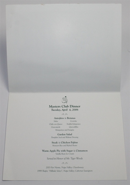 2006 Masters Champions Dinner Menu Served in Honor of Tiger Woods