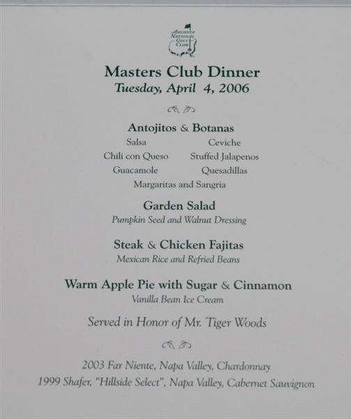 2006 Masters Champions Dinner Menu Served in Honor of Tiger Woods
