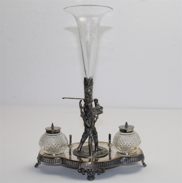 Silver Plated Desk Set Inkwell by Mappin & Webb w/Glass Etched Vase and Figural Golfer W/Original Club