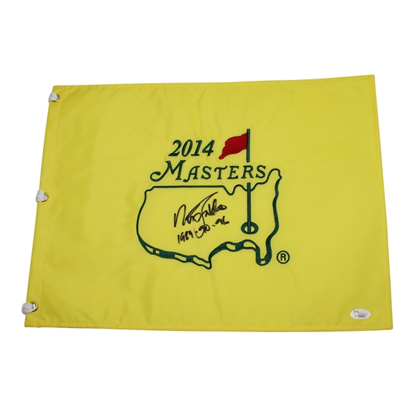 Nick Faldo Signed 2014 Masters Embroidered Flag with 3 Titles Notation JSA #K50639