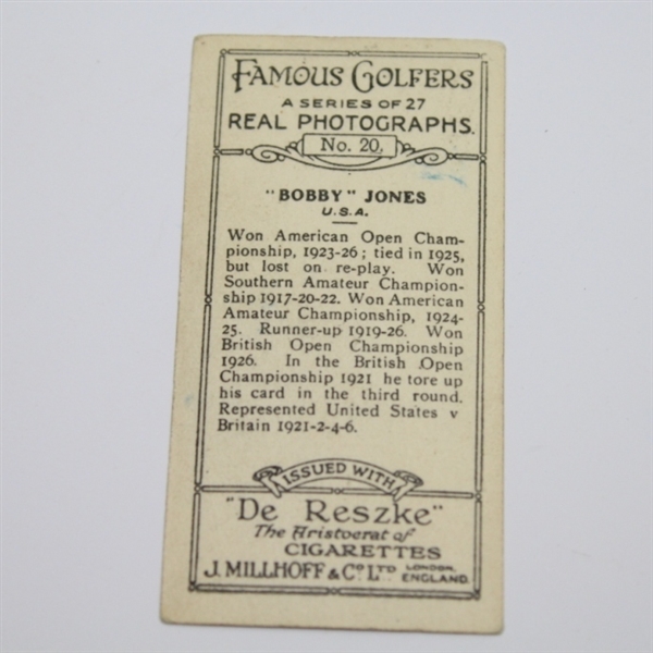 1928 Bobby Jones Millhoff Famous Golfers Cigarette Card - No. 20