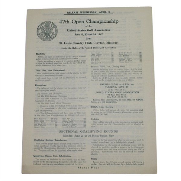 1947 US Open Championship at St. Louis CC Contestant Four Page Entry Form - Blank