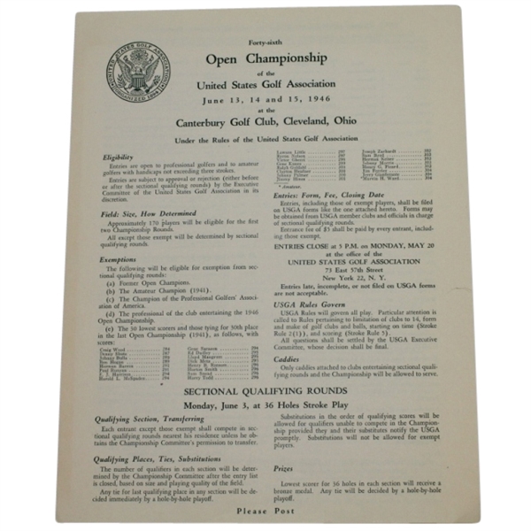 1946 US Open Championship at Canterbury GC Contestant 4 Page Entry Form - Blank