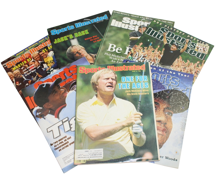 Lot of Seven Unsigned Famous Magazines - Woods, Nicklaus, and Mickelson