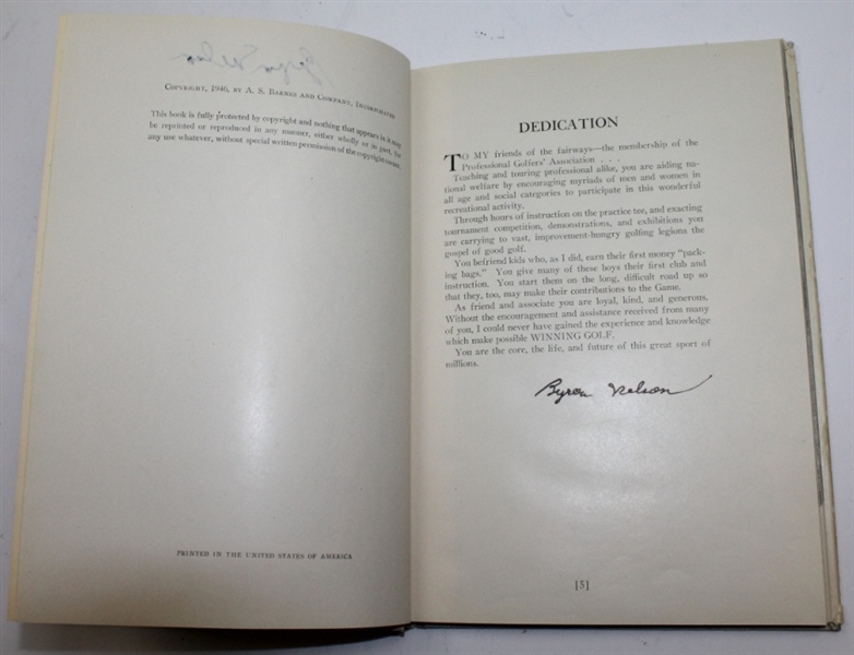 Byron Nelson Signed 1946 1st Editon Book 'Winning Golf' JSA ALOA
