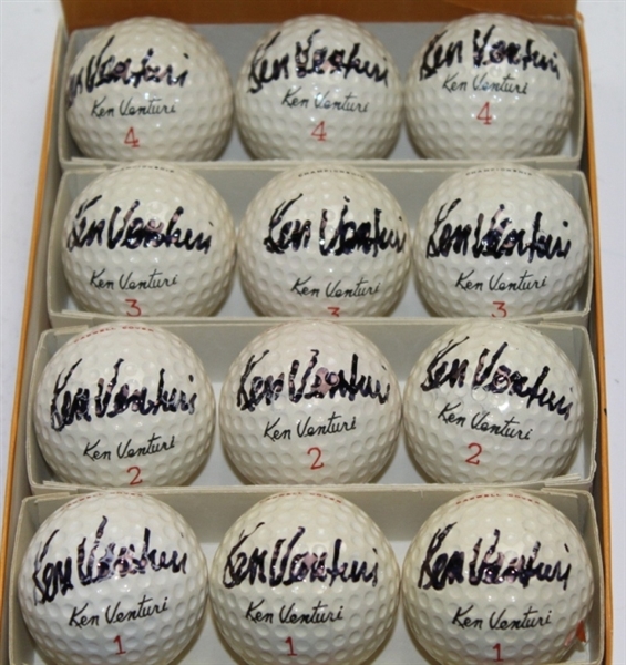 Ken Venturi Signed Lot of 12 Ken Venturi Logo Golf Balls and Signed Box JSA ALOA
