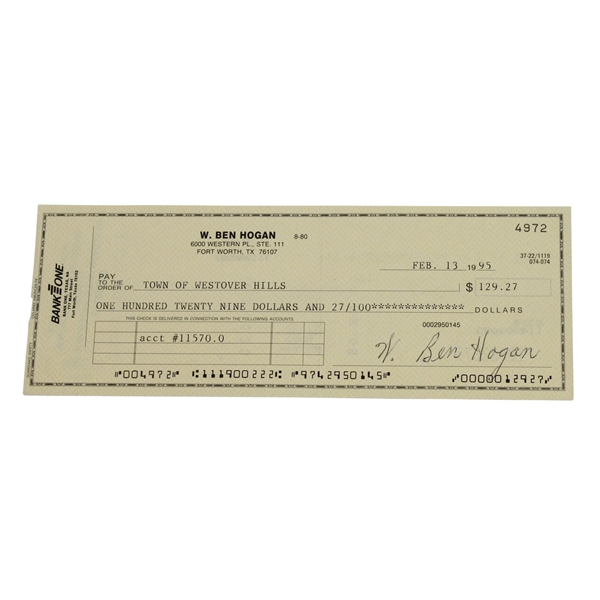  Personal Ben Hogan Signed Check With PSA/DNA #F54033 Certification- Very Clean Example