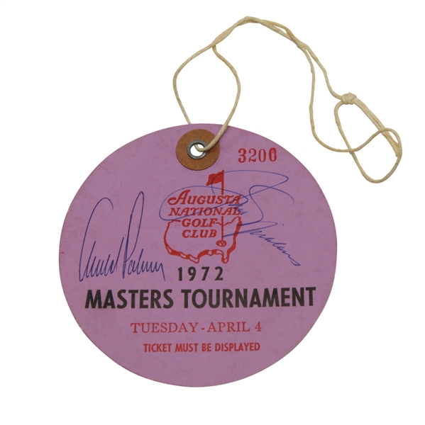 Jack Nicklaus & Arnold Palmer Ink Signed 1972 Masters Tuesday Ticket #3200-Perfect Condition!