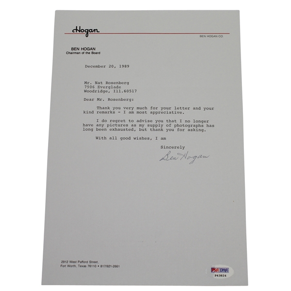 Ben Hogan Signed December 20, 1989 Letter to Nat Rosenburg PSA/DNA #P43824