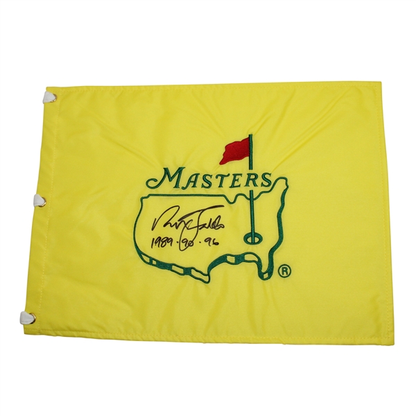 Nick Faldo Signed Masters Undated Embroidered Flag with 3 Titles Notation JSA #Y34896