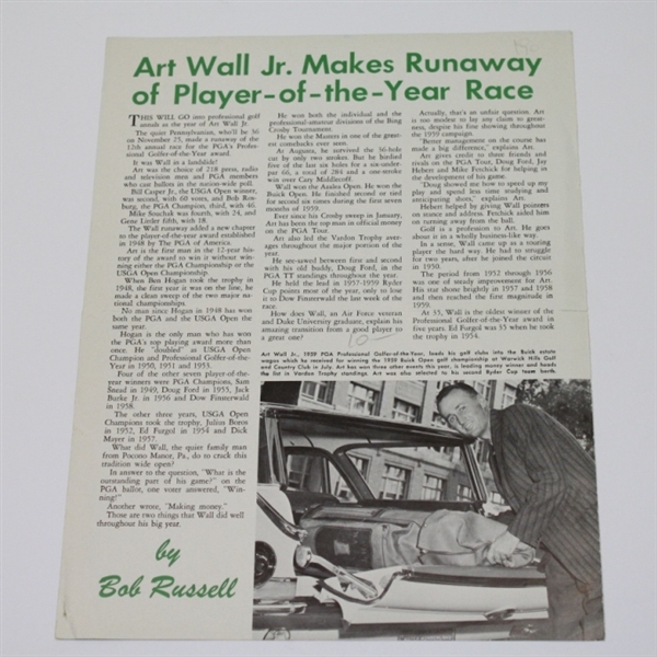 Art Wall Jr. Signed 1959 PGA Professional Golfer Magazine Cover JSa ALOA