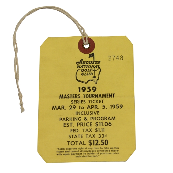 1959 Masters Tournament SERIES Badge/Ticket #2748 - Art Wall Jr. Winner