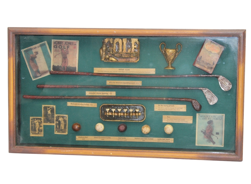 'History of Golf' Presentation Piece - Tees, Balls, Clubs, Books, etc.