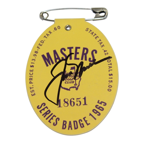 Jack Nicklaus Signed 1965 Masters Badge #18651 JSA ALOA