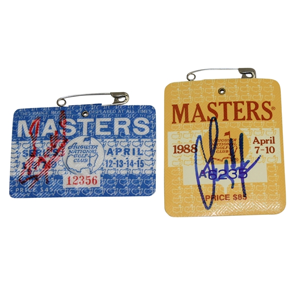 Two Signed Masters Badges - Fuzzy Zoeller 1979 & Sandy Lyle 1988 JSA ALOA