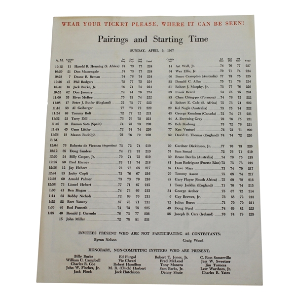 1967 Masters SUNDAY Pairing Sheet - Gay Brewer Winner