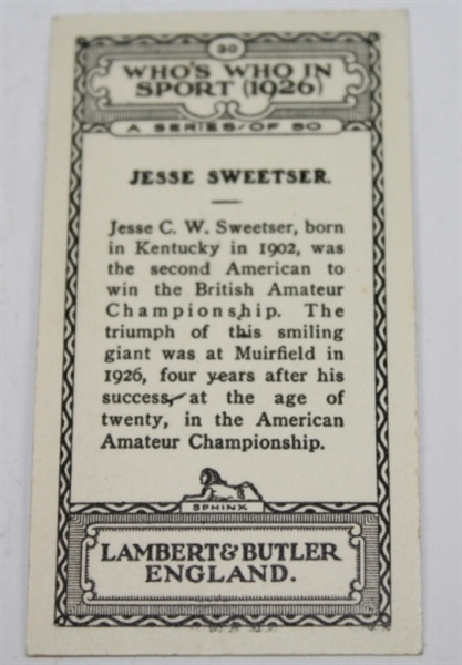 1926 Jess Sweetser Lambert & Butler Rookie Golf Card #30 - England