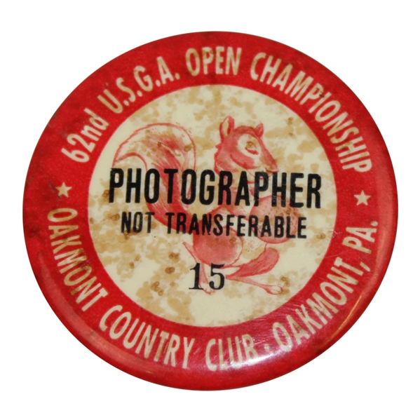 1962 US Open at Oakmont CC Photographer Badge #15 - Nicklaus First Major Victory