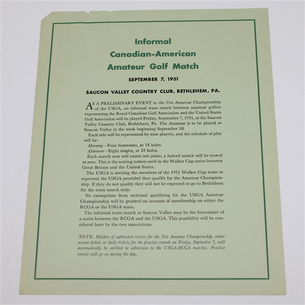 1951 US Amateur Championship at Saucon Valley Program with Canadian-American Match Sheet
