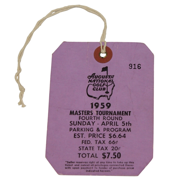 1959 Masters Tournament Sunday Ticket #916 - Low Number