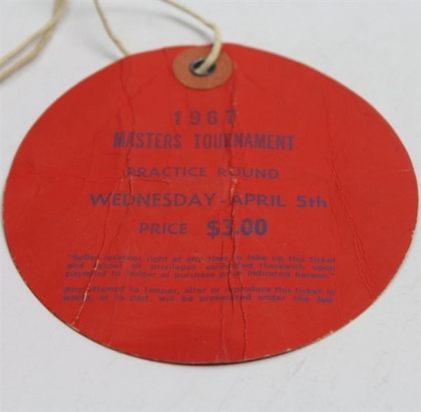 1967 Masters Tournament Wednesday Ticket( Par 3) - #4695-Arnold Palmer Win!
