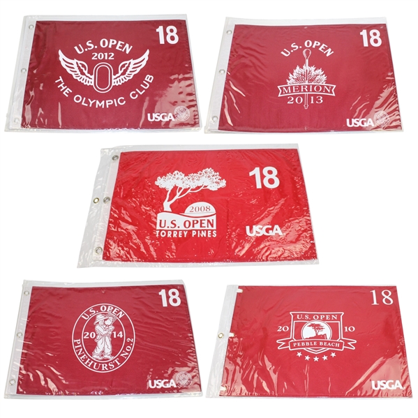 Lot of Five US Open Red Screen Flags - 2008, 2010, 2012, 2013, & 2014