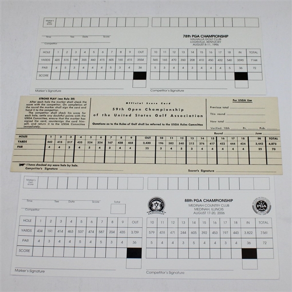Three Unused Official Scorecards - 1959 US Open, 1996 PGA, & 2006 PGA