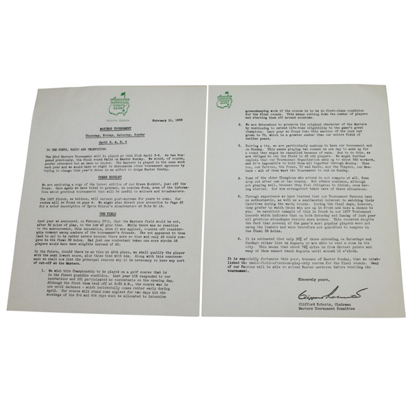 1958 Masters Tournament Clifford Roberts Letter for 'Press, Radio, & Television' - February