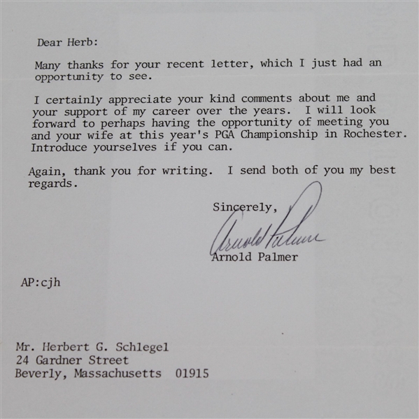 Arnold Palmer Signed Letter on Palmer Letterhead April 29, 1980 JSA #P01380