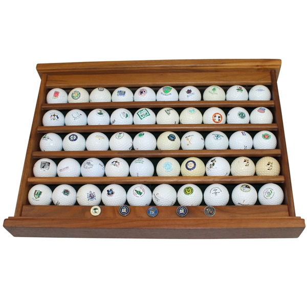 Wooden Wall Rack with 50 Logo Golf Balls and 5 Metal Ball Markers