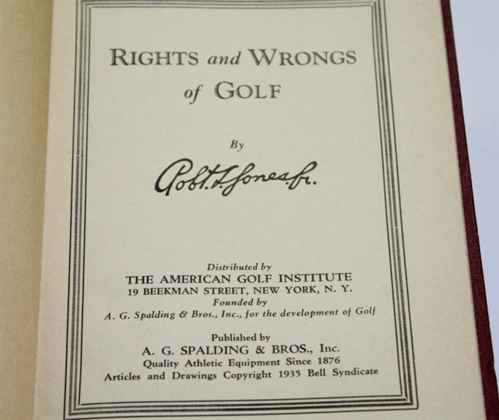 Bobby Jones Signed Rights & Wrongs of Golf Booklet - 1935