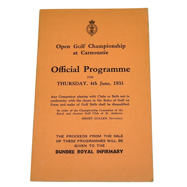 1931 Open Championship at Carnoustie Programme - Tommy Armour Winner