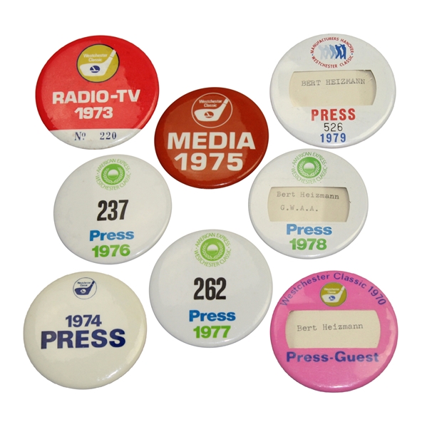 Lot of 8 1970's Westchester Classic Press, Radio/TV, Press-Guest, and Media Pins
