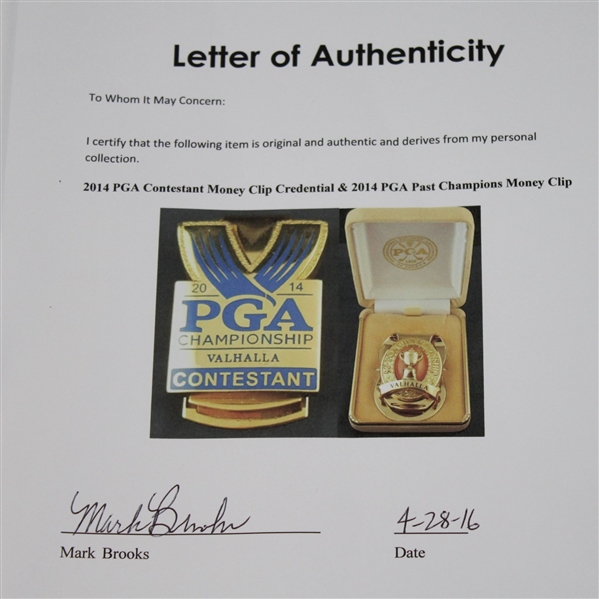 Mark Brooks' 2014 PGA Contestant Badge/Money Clip-With Letter of Authenticity From Mark!