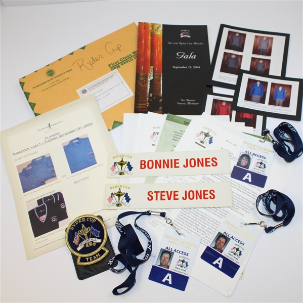 2004 Ryder Cup Team Package Issued to Steve Jones W/Pocket Crest, Badges Etc. - Steve Jones Collection