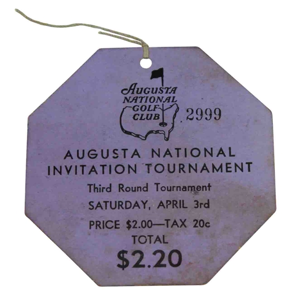 1937 Augusta National Tournament Saturday Ticket #2999 - April 3rd-Just Surfaced Members Family Collection!