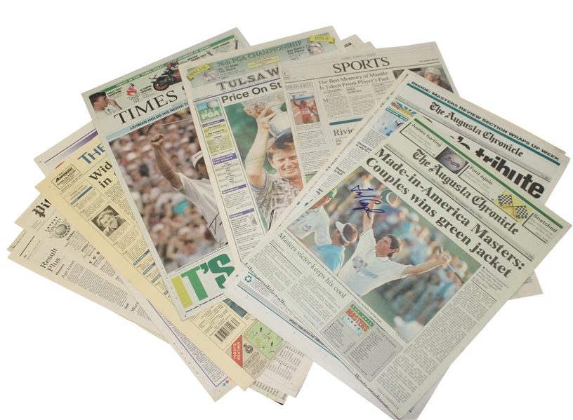 Lot of 13 Signed Winning Newspapers from Major Champions JSA ALOA