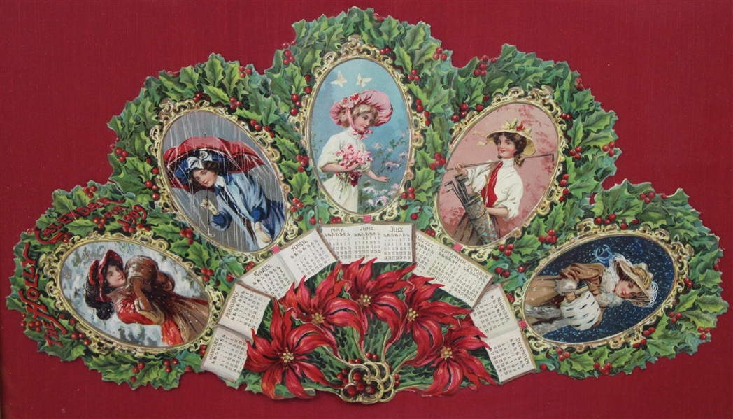 'The Holly Calendar for 1909'- Excellent Condition Embossed Heirloom Victorian Fan