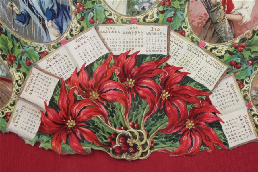 'The Holly Calendar for 1909'- Excellent Condition Embossed Heirloom Victorian Fan