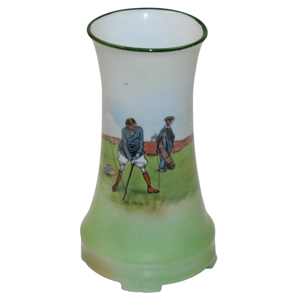 Small Golf Themed Vase - Male Golfer Hitting - Woman Tending Tee