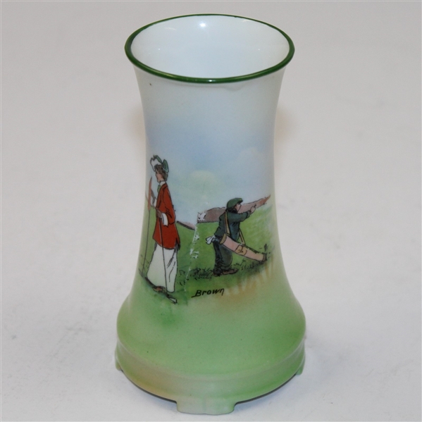 Small Golf Themed Vase - Male Golfer Hitting - Woman Tending Tee