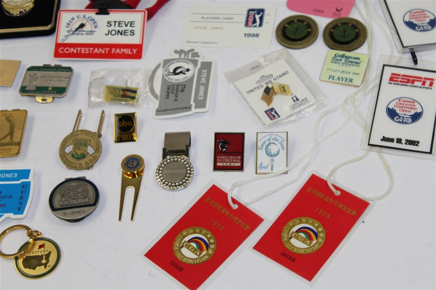 Miscellaneous Lot of Tickets, Badges, Pins, Money Clips, Masters, etc - Steve Jones Collection