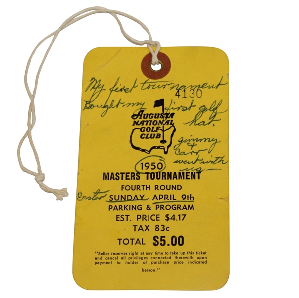 1950 Masters Fourth Round Sunday Ticket # 4130 - Jimmy Demaret Winner