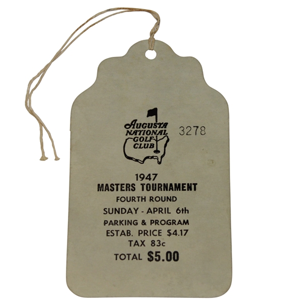 TOP CONDITION! 1947 Masters Sunday Ticket #3278 Signed by Gene Kunes On Back - Jimmy Demaret Winner JSA ALOA