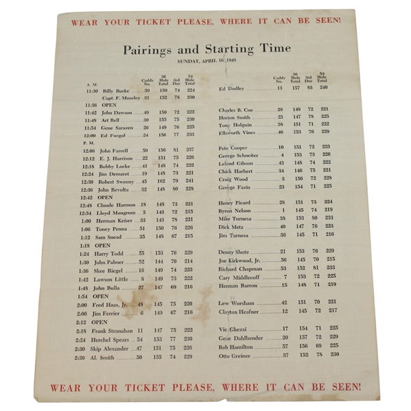 1949 Masters Sunday Pairing Sheet - Sam Snead Winner