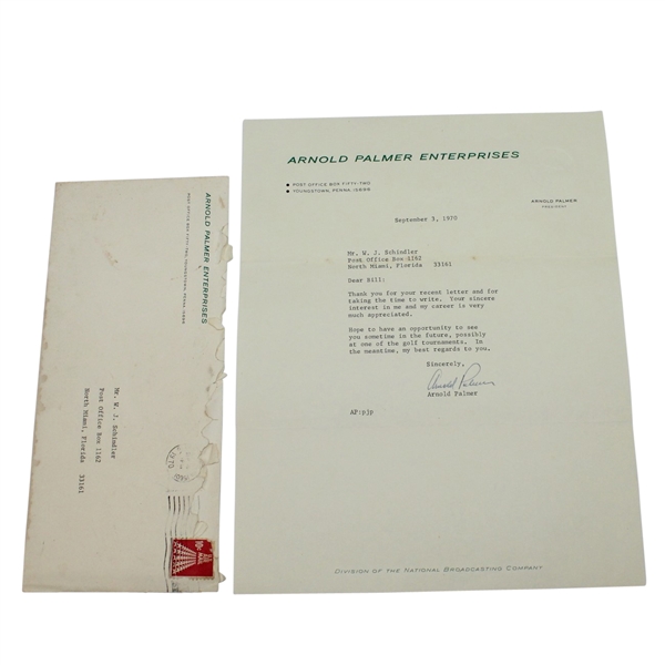 Arnold Palmer Signed 1970 'Arnold Palmer Enterprises' Letter with Envelope JSA ALOA
